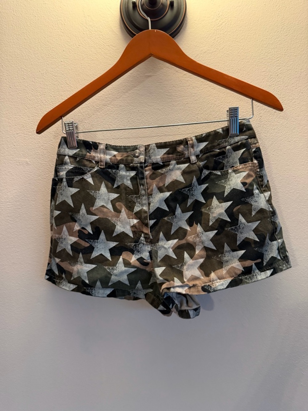 Valentino Camouflage Star Print Denim Shorts Green Brown Italy Size 40
